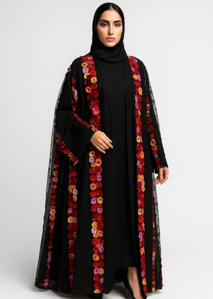 The Blossom Cascade Abaya - Vibrant 3D Floral Embellishments