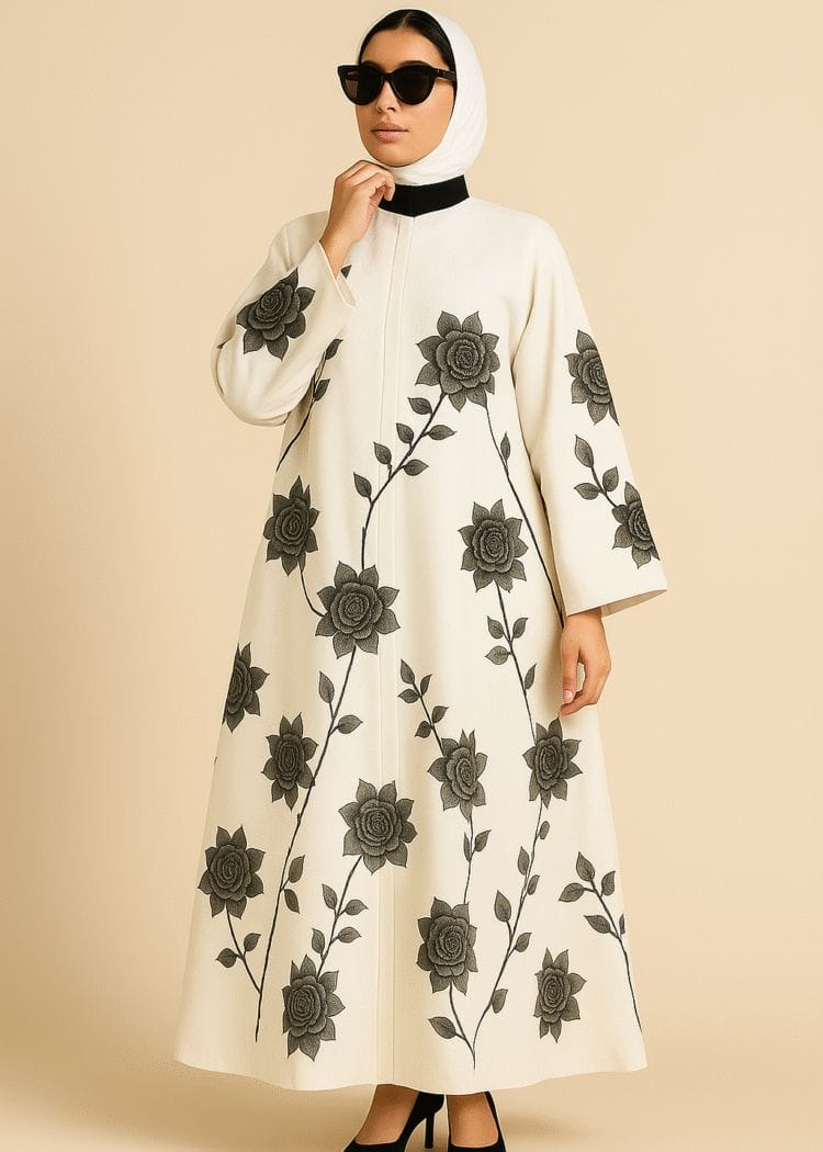 The Midnight Rose Abaya - Black Rose Embroidery on Cream