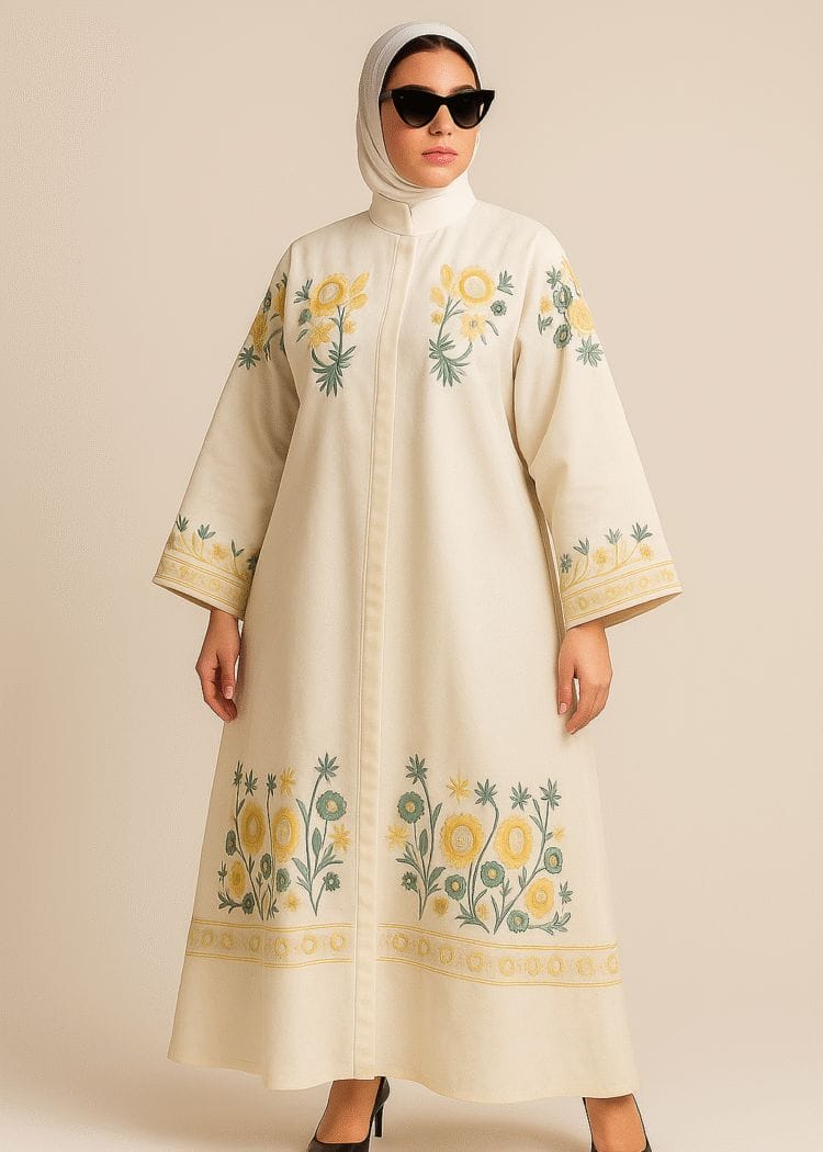 The Floral Radiance Abaya - Yellow & Green Floral Embroidery on Cream