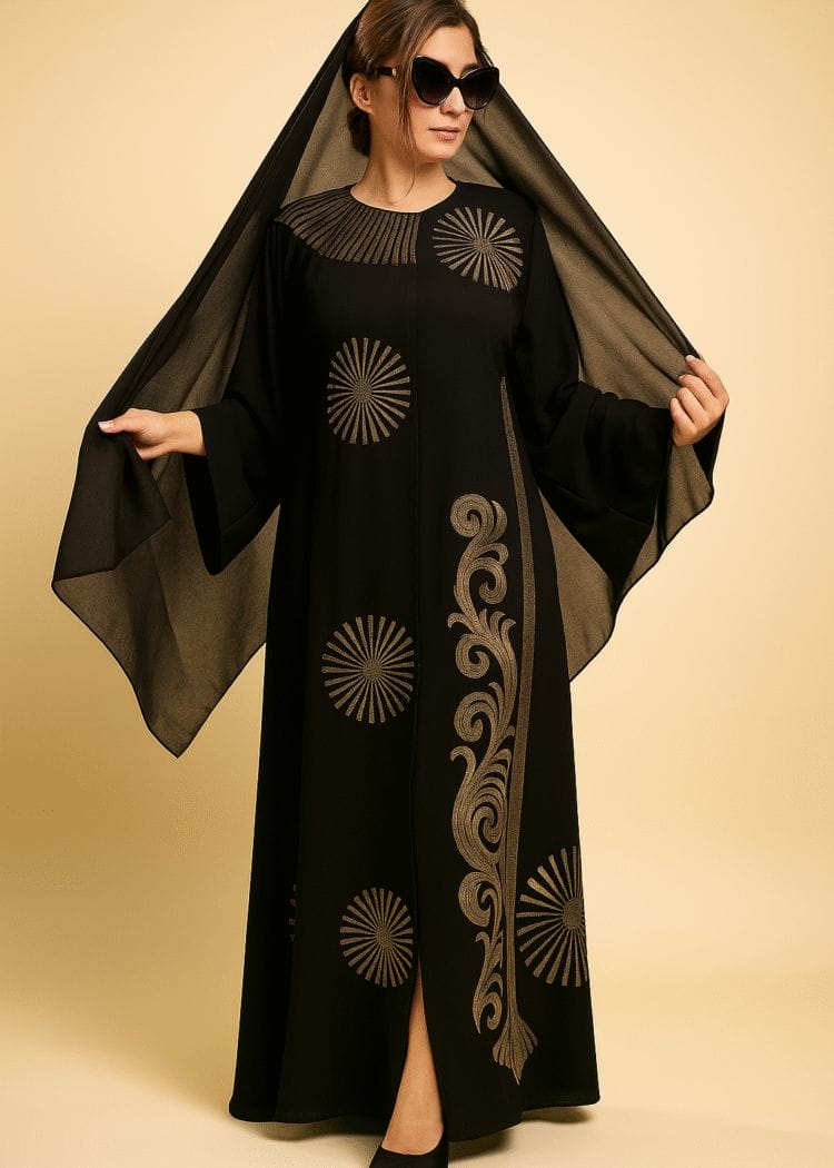 The Golden Weave Abaya - Gold Intricate Embroidery on Black