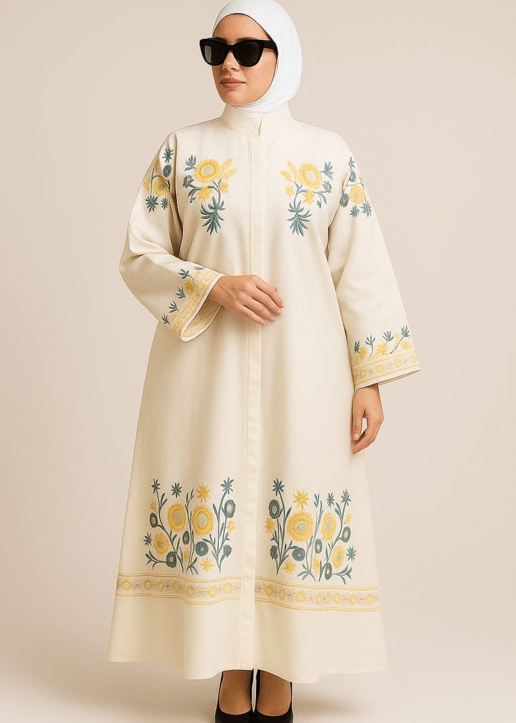 The Midnight Floral Abaya - Handcrafted Rose Embroidery on Cream